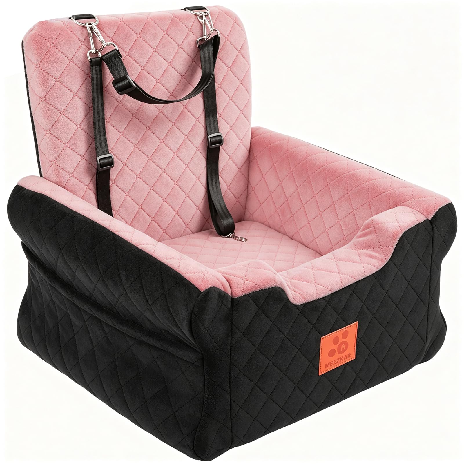 GL GLENSLAVE Dog Car Seats for Small/Medium Dogs, Elevated Memory Foam Dog Booster Seat, Detachable Washable Pet Car Seat with Safety Belts & Storage Pockets (Black/Pink)