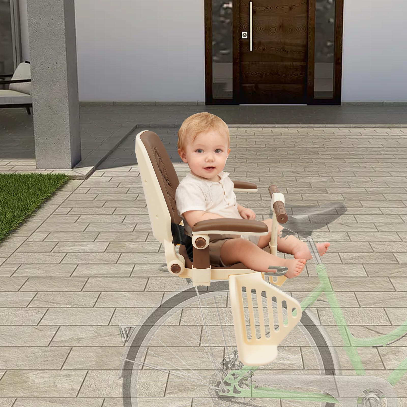 Siège enfant de vélo arrière jusqu'à 50 kg, pour vélo et VTT, dossier réglable (90°/120°/160°), ceinture de sécurité et repose-pieds - Facile à monter (café au lait)