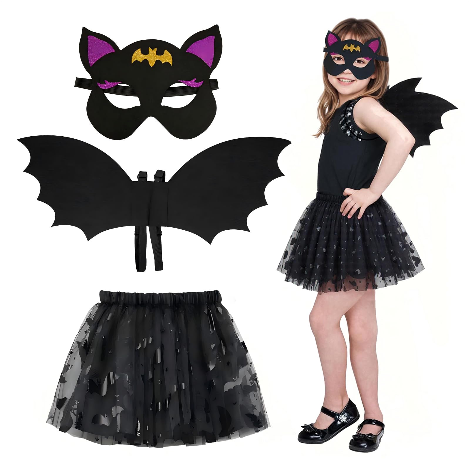 Gibocot 3 Piece Girls Black Bat Wings Costume Kids 3-10Y, Halloween Vampire Fancy Dress Outfit with Tutu Skirt, Bat Eyemask & Wings for Trick or Treat World Book Day Cosplay