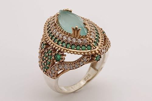 Miniatura 2 de Turkish Handmade Jewelry Marquise Shape Aquamarine and Round Cut Emerald Topaz 925 Sterling Silver Ring Size All