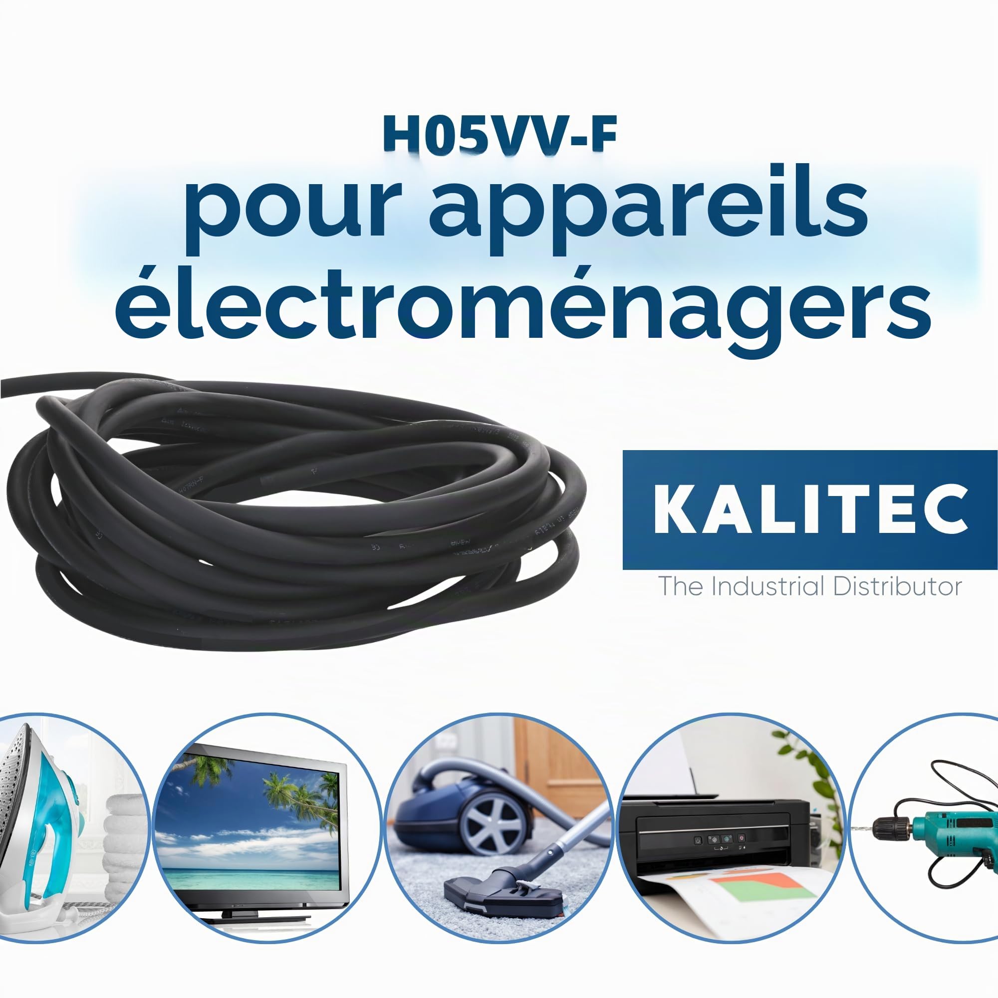 Kalitec H05VV-F - Câbl d'alimentation 4 x 1,5 mm² - 5 m - Câble en PVC pour l'intérieur - Câble électrique noir