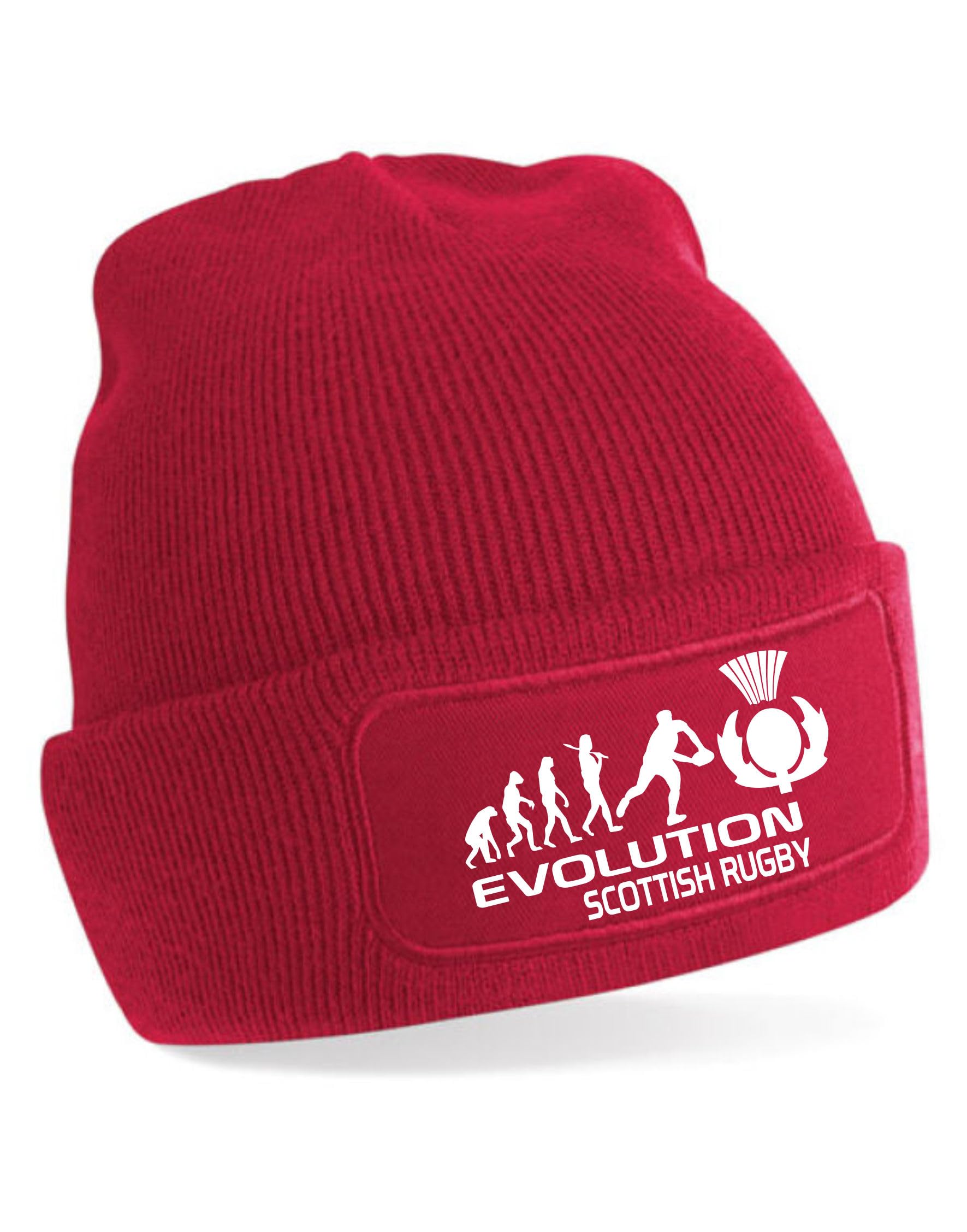 Print4U Evolution of Scottish Rugby Beanie Hat Gift for Rugby Fans Men & Ladies Red