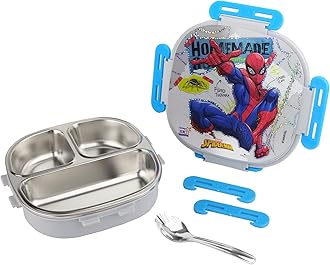 SKi Homeware Baker Insulated 3 Grid Bento Lunch Box With Stainless Steel Inner And A Steel Spoon- Spiderman, 450Ml
