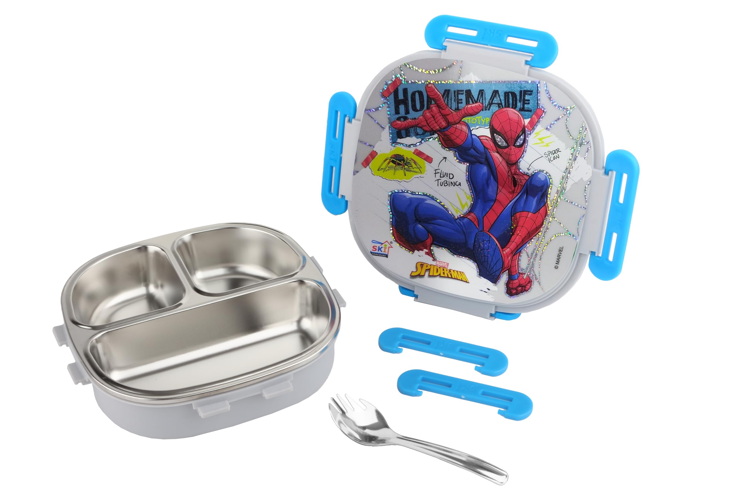 SKi Homeware Baker Insulated 3 Grid Bento Lunch Box With Stainless Steel Inner And A Steel Spoon- Spiderman, 450Ml