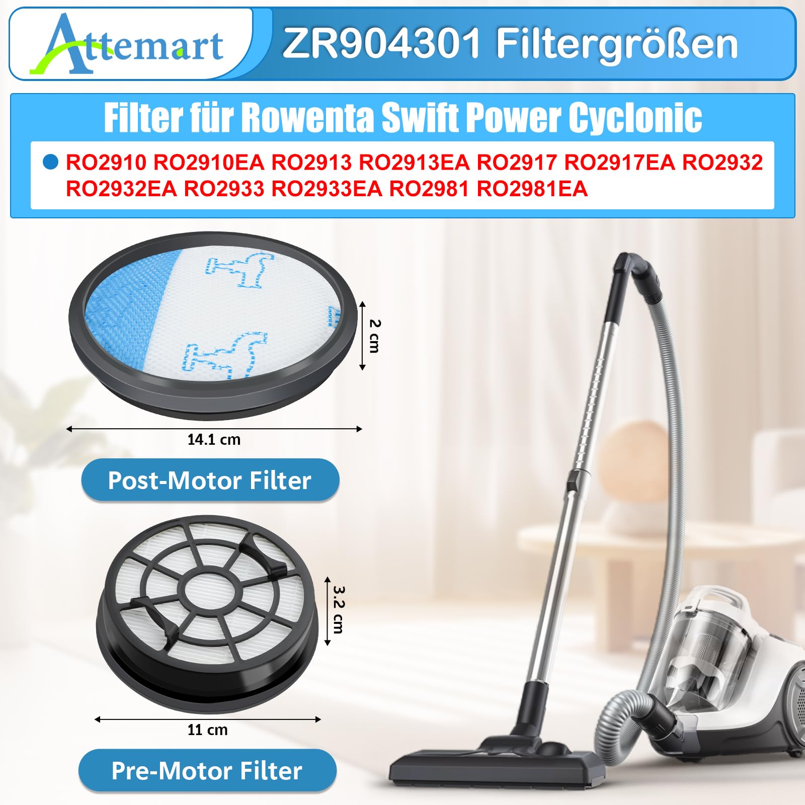 RO2917 Filtri di Ricambio per Rowenta Swift Power Cyclonic RO2910EA RO2917EA RO2913EA RO2933EA aspirapolvere accessori per Rowenta Swift Power Cyclonic Parkett RO2932EA,Alternativa a ZR904301