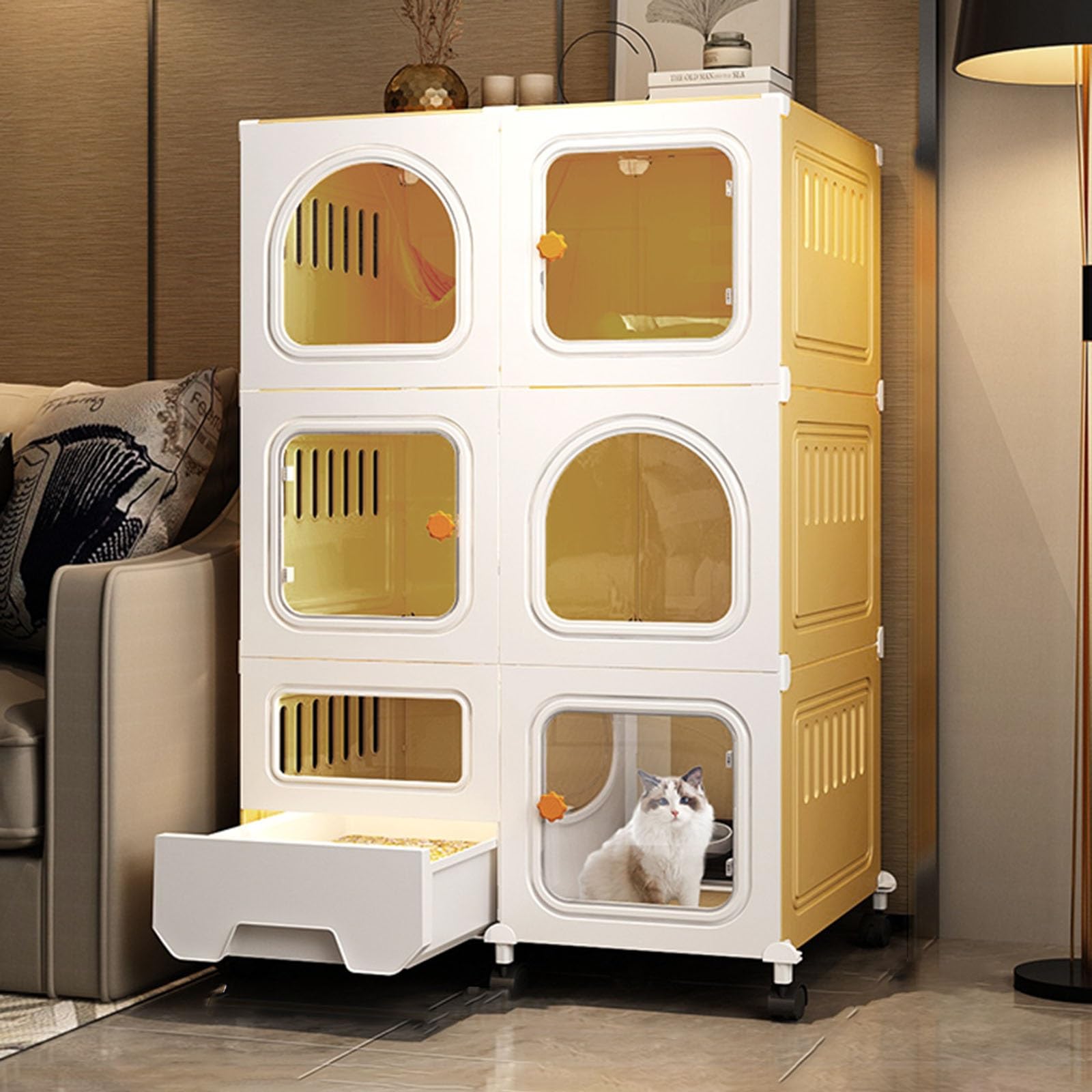Jaulas Para Gatos De Interior, Caseta Para Gatos, Jaulas Para Gatos De Interior Grandes Con Caja De Arena, Recinto Para Gatos De Exterior, Condominio Cerrado Con Múltipl,Set B_71*46.5*110cm-Yellow