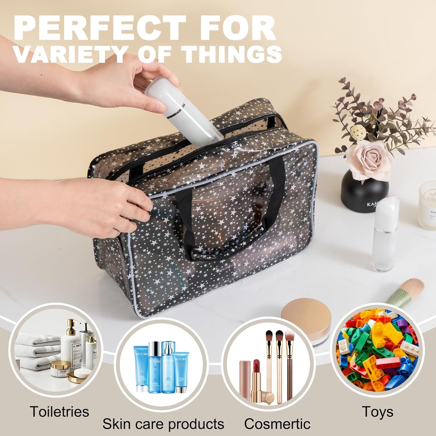 PVC Clear Makeup Bag for Women Waterproof Star Make Up Bag Toiletry Bag Travel Durable Cosmetic Bag Large Cute Tote Bag Organizer Makeup Pouch, Black - Image 5