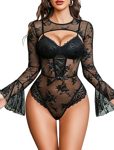 Avidlove Women Lace Bodysuit with Crop Top Sexy Going Out Bodysuit Floral Lace Lingerie Set Sexy Rave Outfits - Black - Small