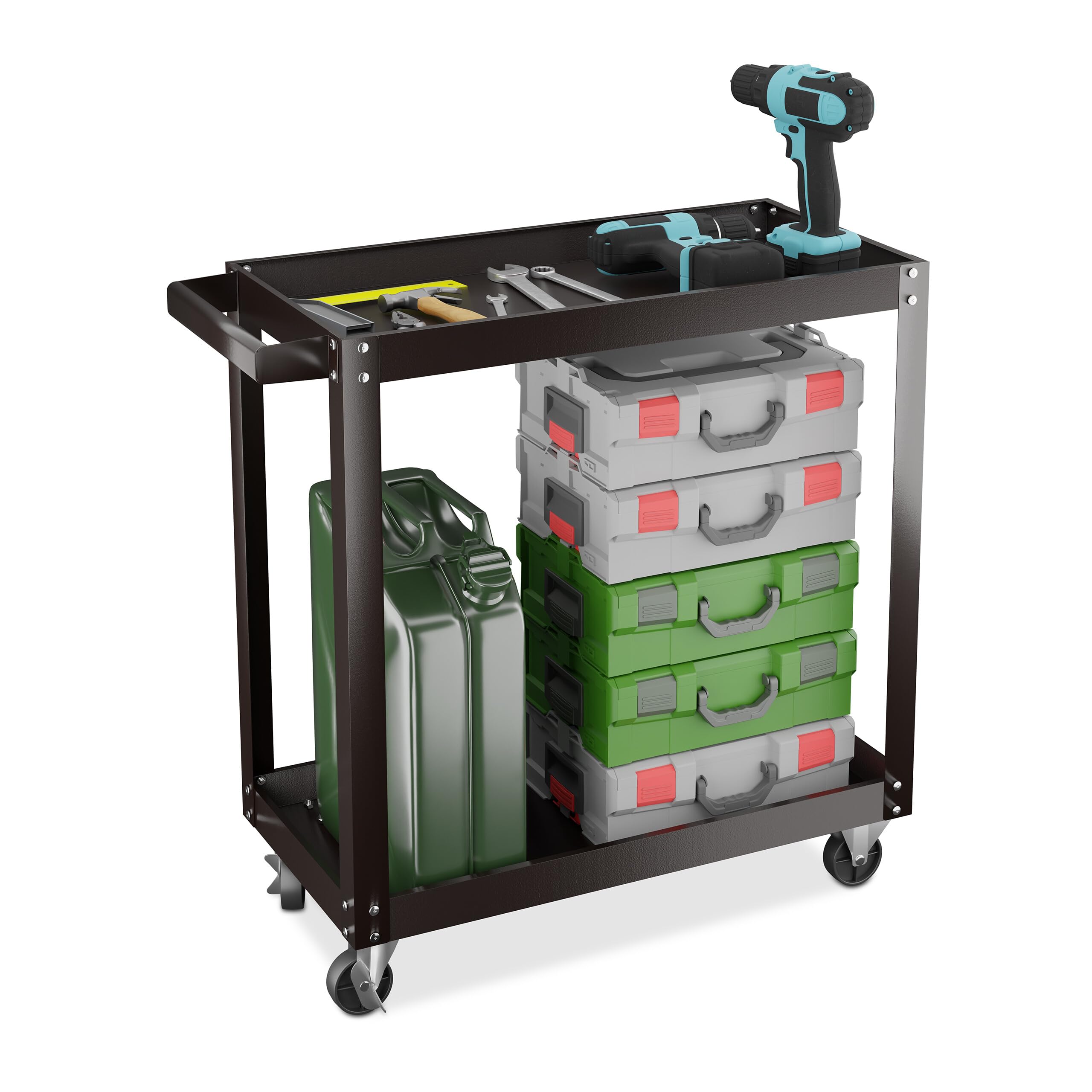 Relaxdays Werkstattwagen, Werkzeugwagen mit 2 Ebenen, mobiler Montagewagen, bis 100 kg, HxBxT: 76 x 78 x 35 cm, schwarz