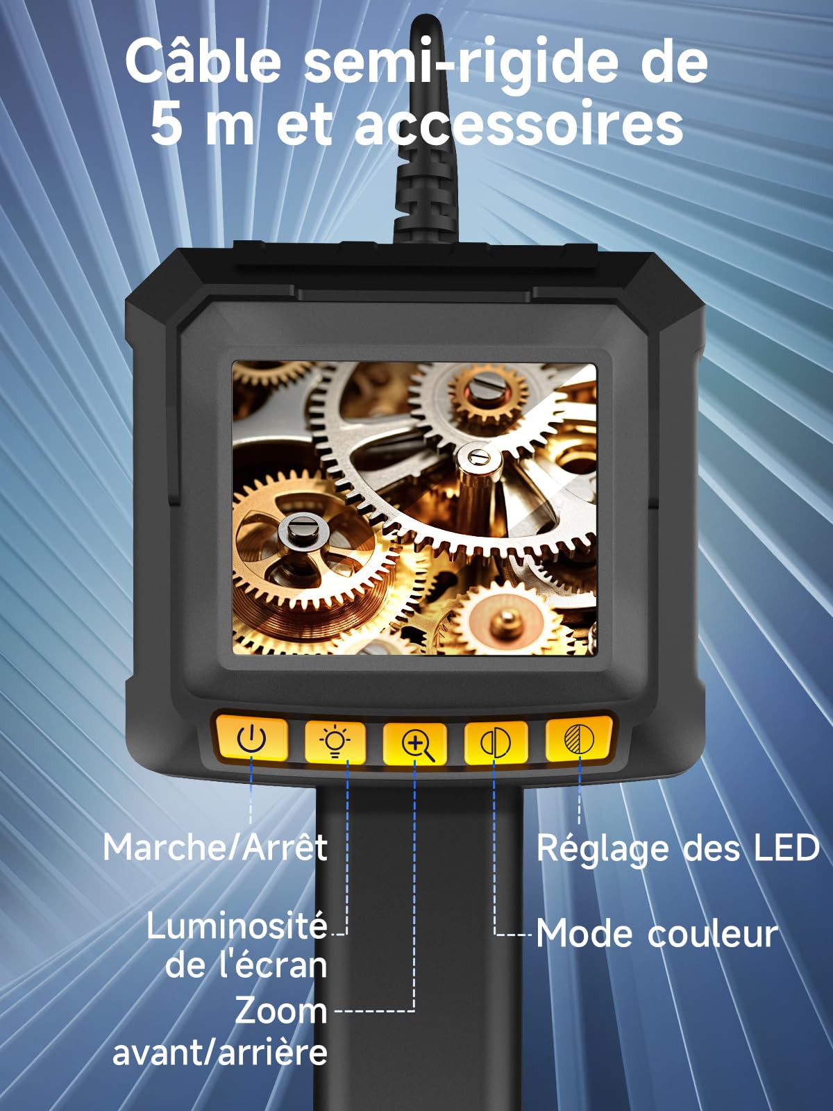 Endoscope Caméra d'inspection, Moman EOS1 Camera Endoscopique Industriel Écran IPS 2,4 Pouces 1080P HD Camera Inspection Canalisation Portatif Étanche IP67 avec 8 Lumières LED 5M Câble Semi Rigide