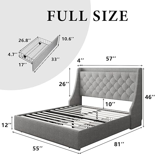 Miniatura 7 de iPormis Marco de cama tamaño completo con 4 cajones de almacenamiento, marco de cama de plataforma tapizado con puertos Type-C y USB, cabecera de