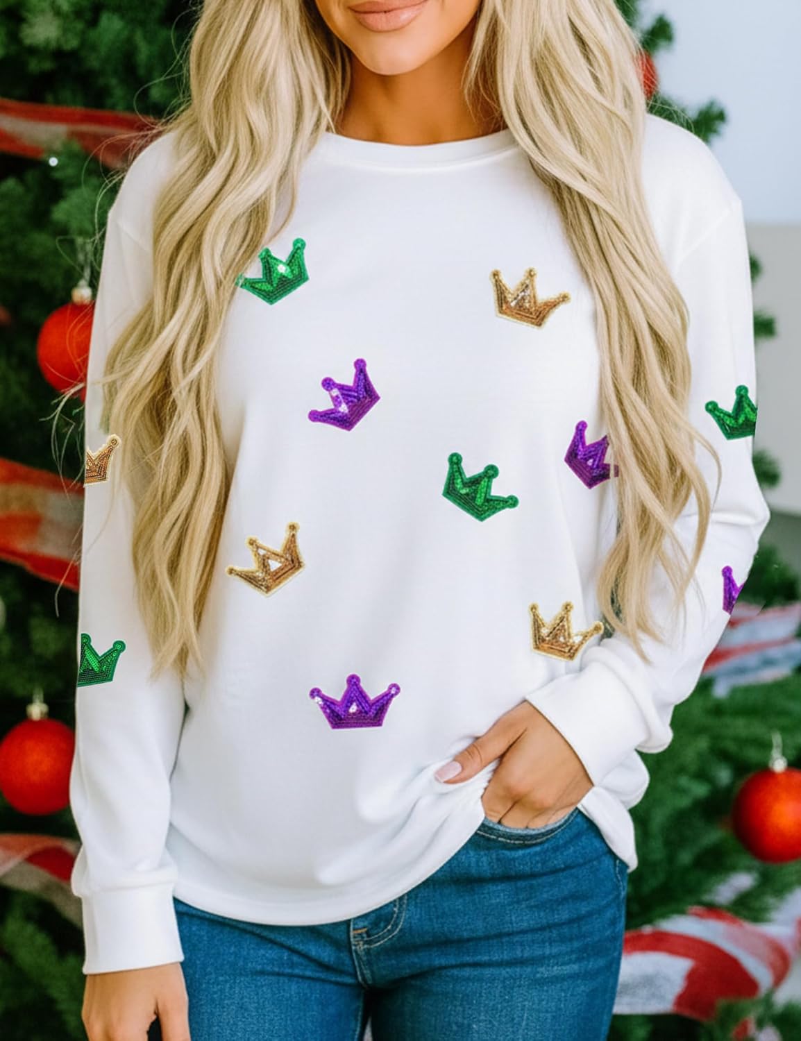 Mardi Gras Shirts for Women Sequin Print Long Sleeve Casual T Shirt Tuesday Carnival New Orleans Party Tee Tops - Image 3