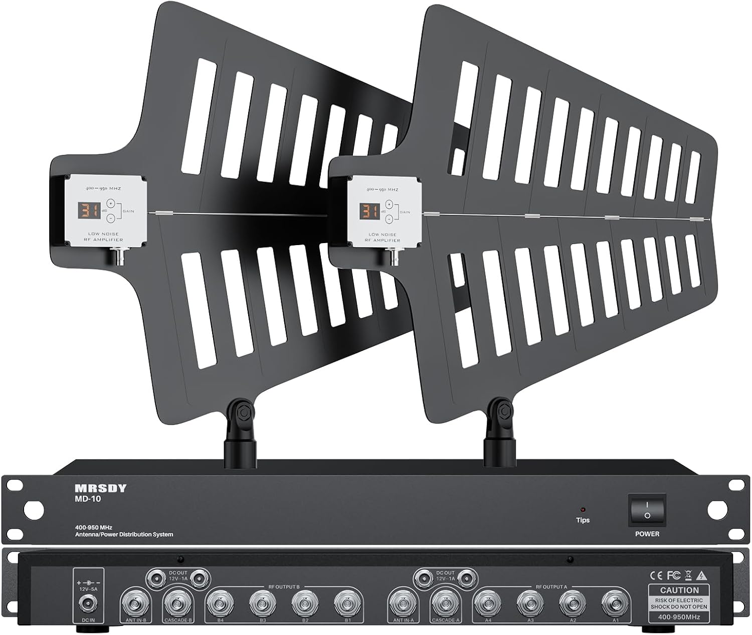 MD-10 UHF Wireless Antenna Distribution System, Wireless Microphone Signal Amplifier, Gain Adjustment Active Antenna Paddles, 8 Outputs + 2 Cascade Ports, Covers 400-950MHz Frequency Range