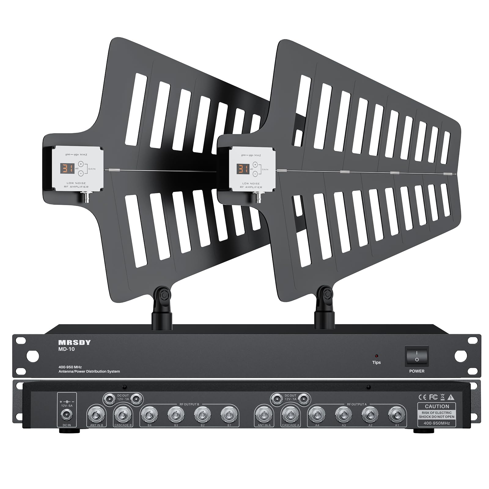 MRSDY MD-10 UHF Wireless Antenna Distribution System, Amplificatore di Segnale Microfono Senza Fili Regolazione del Guadagno Paddle Antenna Attiva, 8 Uscite + 2 Porte Cascata, Coperture Gamma di