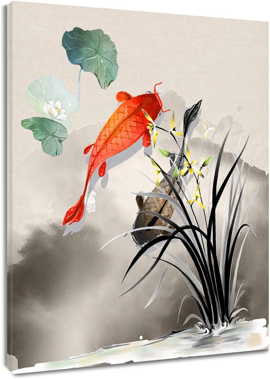 HVEST Fish Canvas Wall Art Koi in Water Lily Pond Artwork Chinese Ink Painting for Living Room Bedroom Bathroom Wall Decor,Stretched and Framed Ready to Hang,12x16 inches