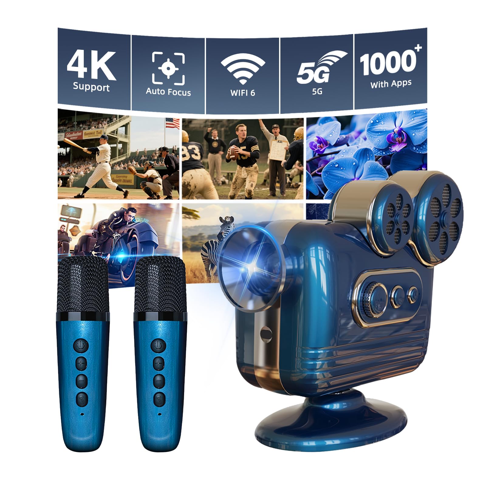 BESUS【Built-in Apps] 5G WiFi Bluetooth Smart 4K Full HD Projector, 2025 C300 Retro Projector with karaoke stereo speaker, Equipped with 2 microphones,