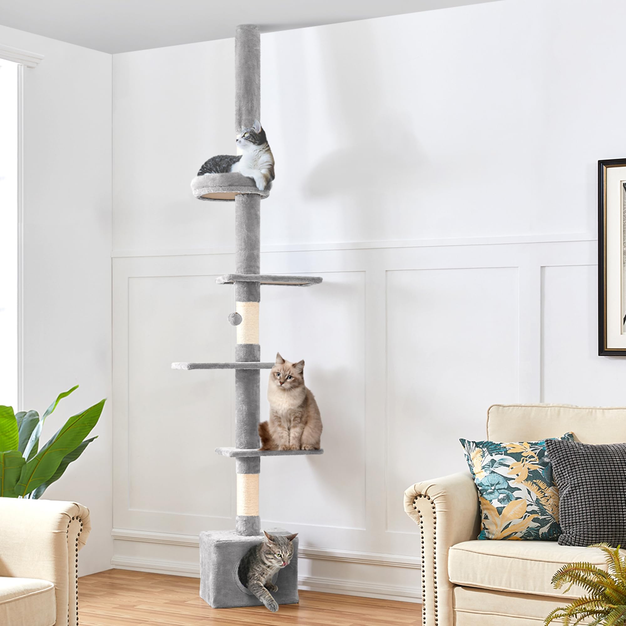 Yaheetech Torre Rascador para Gatos en Altura Ajustable 226-266cmGris Claro | 4 Plataformas,Durabilidad y estabilidad reforzada,Fácil montaje, Felpa suave, Ahorra espacio, sisal resistente,Ahorra espacio