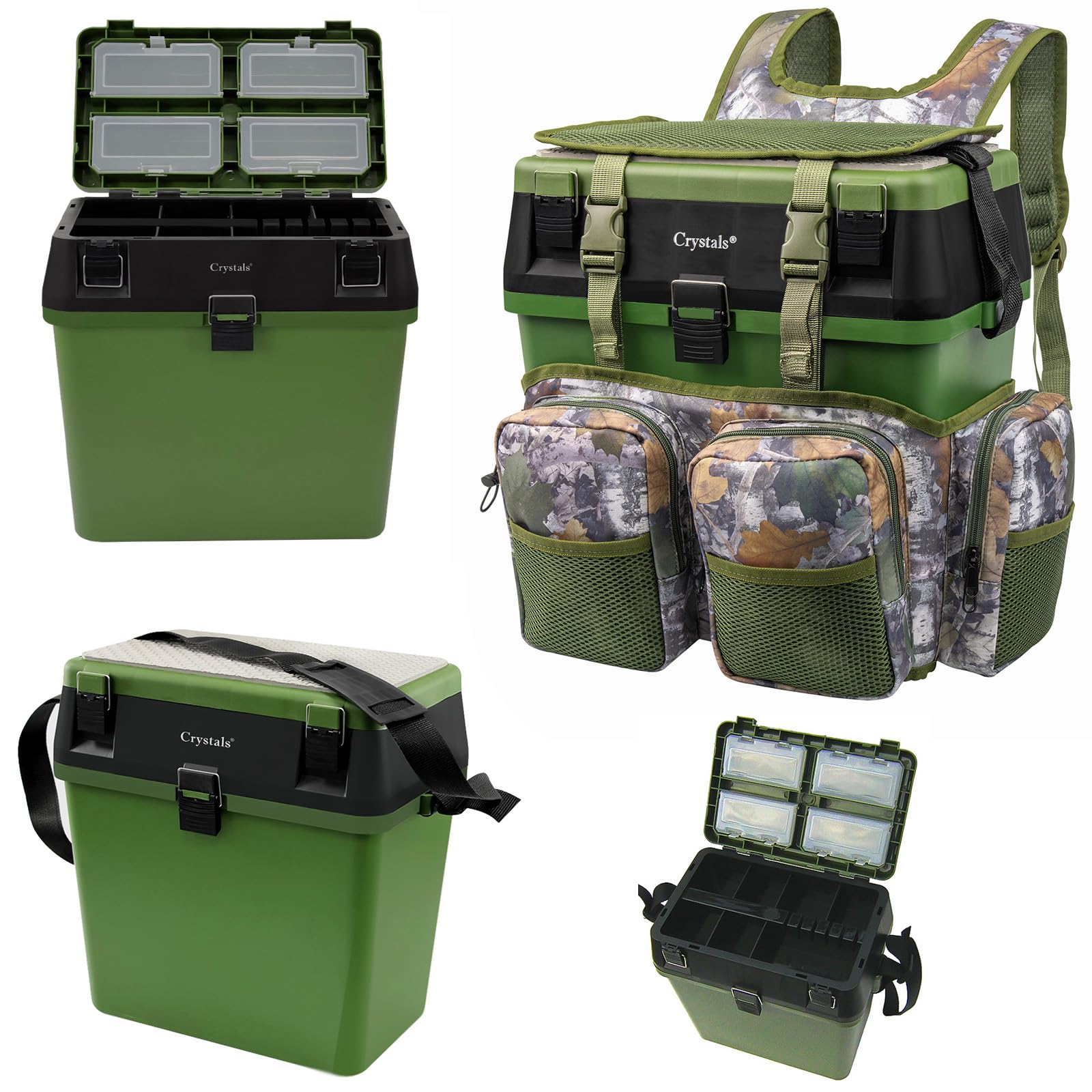Crystals Fishing Tackle Box with Rucksack & Padded Seat – Portable Backpack Storage for Coarse, Sea, Fly & Carp Fishing – Lure Organizer with Adjustable Straps, Multiple Compartments & Tackle Storage