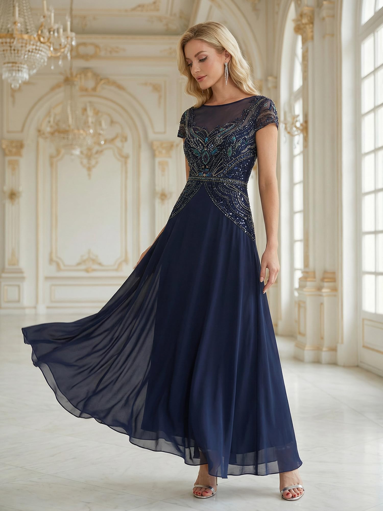 Ever-Pretty Vestito Donna Elegante Collo a Barchetta Maniche Corte Paillente High Low Gonna Svasata EG02682