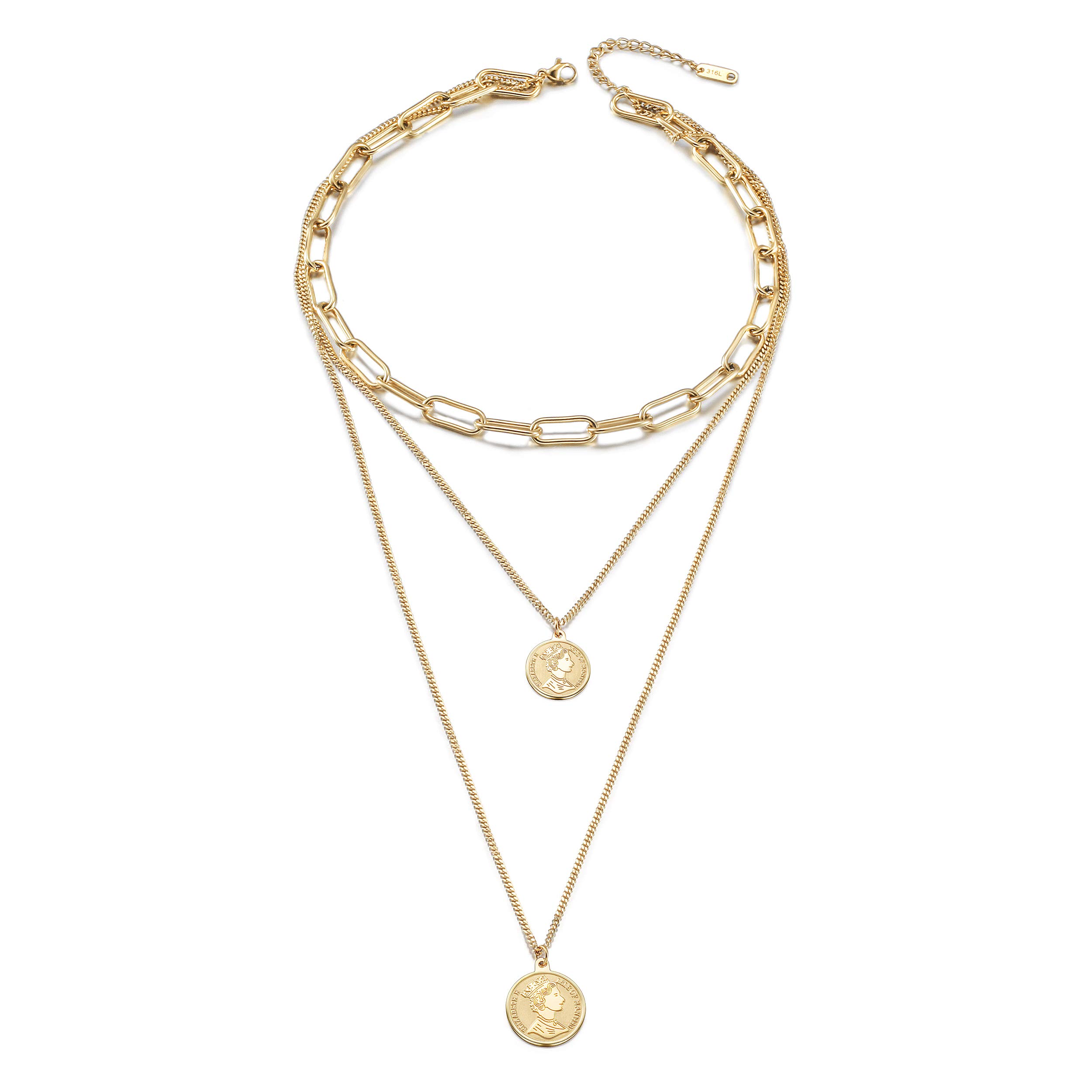 JinbaoyingGold Coin Necklace for Women Vintage Carved Coin Pendant Necklace 14K Gold Plated Chain Choker Queen Elizabeth Round Pendant Gold Layered Necklace for Women (Gold Layered Necklaces)