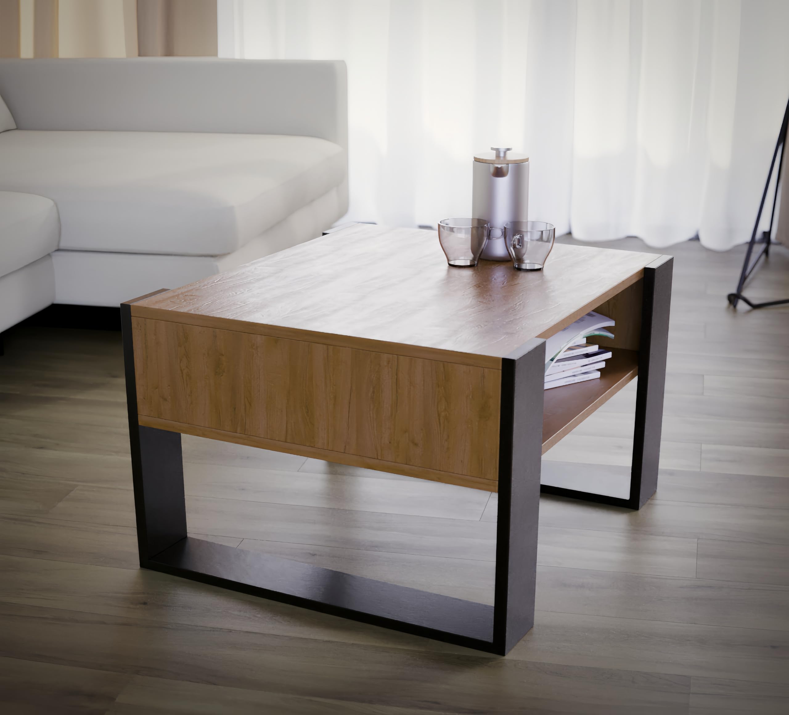 defiPad Wohnzimmertisch für Couch | Klein Couchtisch Schwarz Eiche mit Stauraum | Modern Tisch Wohnzimmer | Coffee Table | Kleiner Tisch | 65CM Breite Kaffeetisch | Stabil Stubentisch