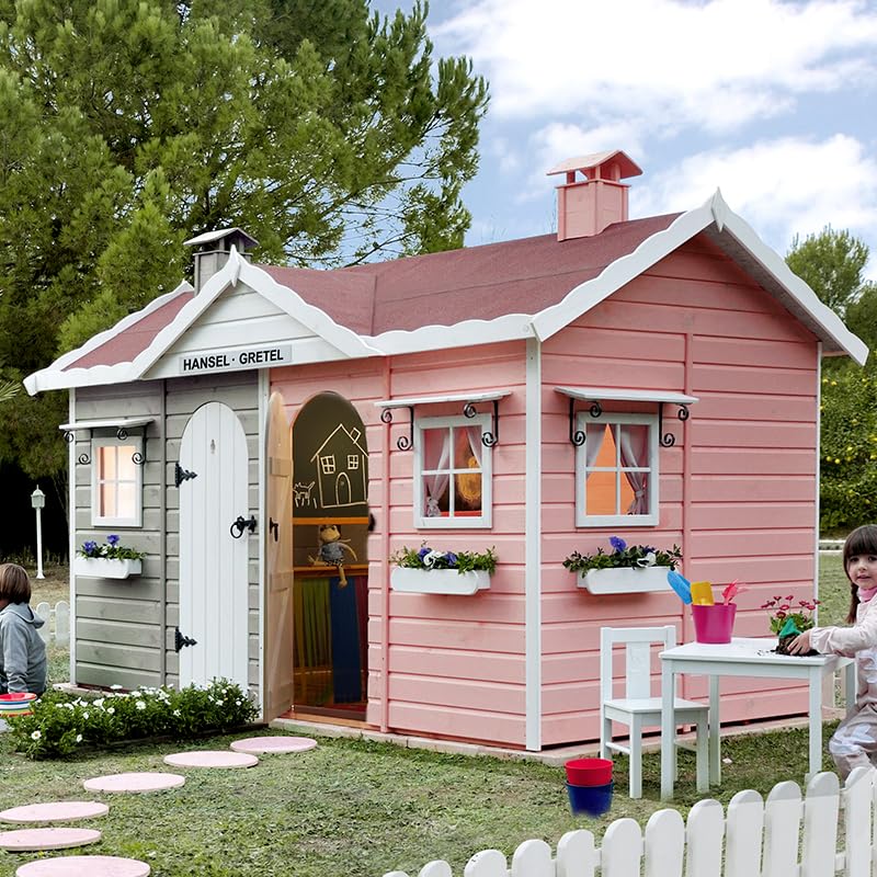 Casas Green House | Casita para Niños Doble de Madera Hansel Y Gretel | Pizarra divisoria Interior | Casita Pintada | Grandes Dimensiones