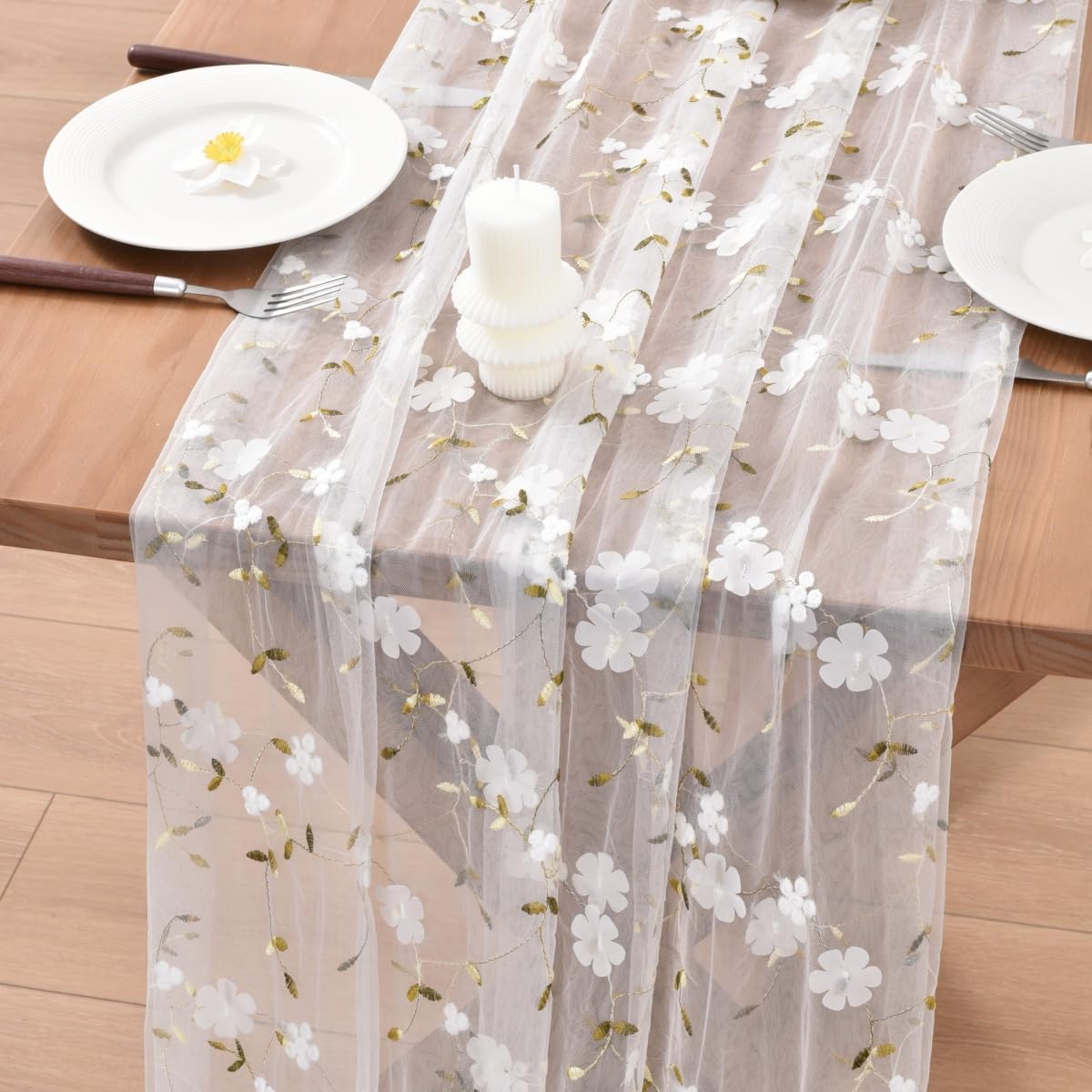 White Floral Table Runner Wildflower Fall Gauze Home Party Table Decor