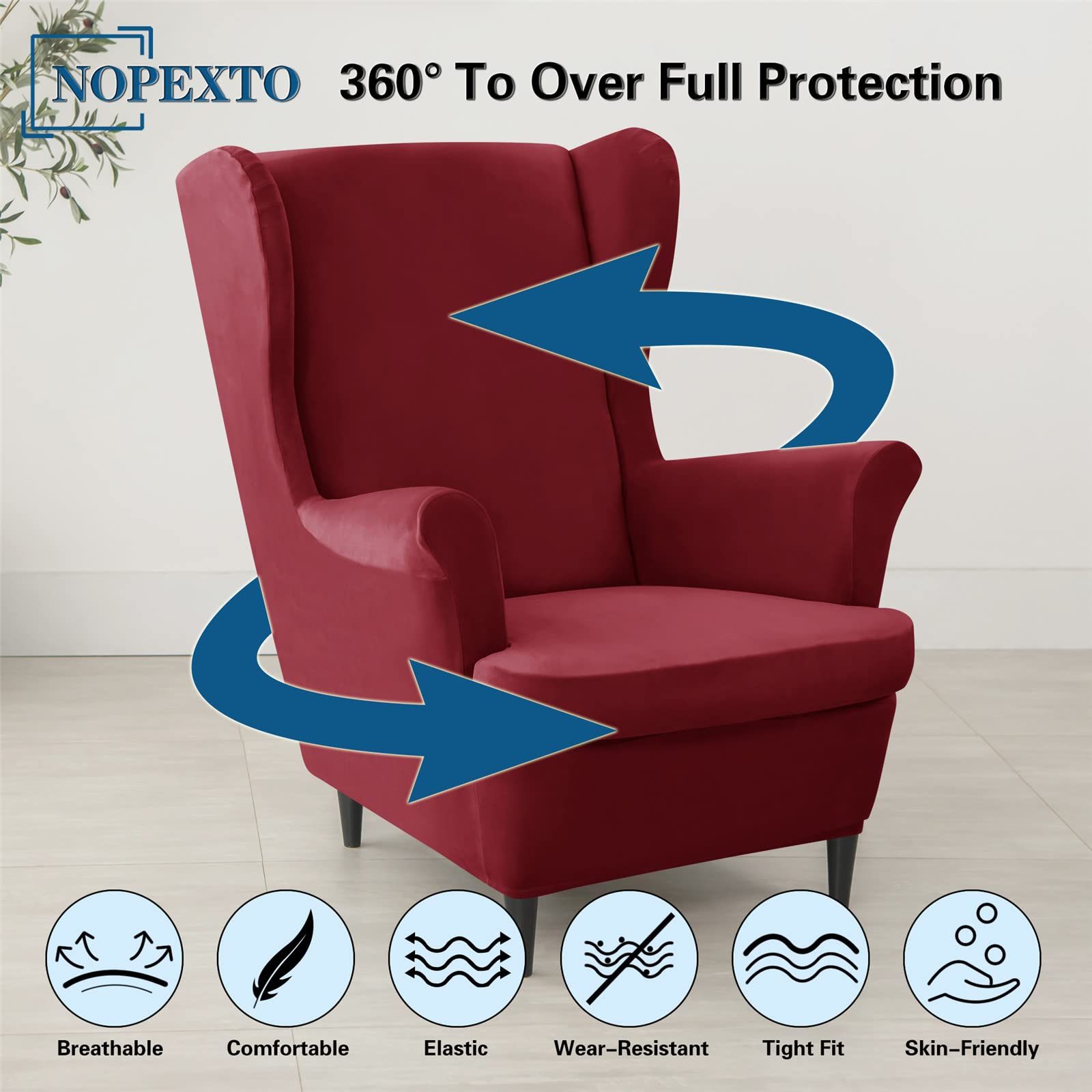 2 Pezzi Copripoltrona In Velluto Elasticizzato Con Orecchie - Marrone, Antiscivolo, Protettivo