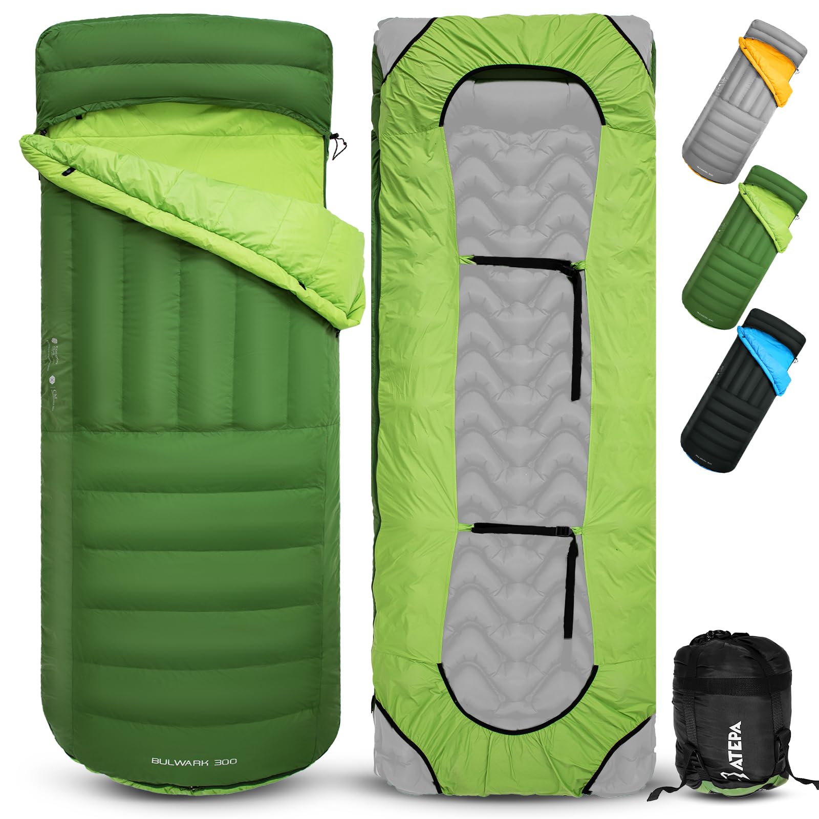 ATEPA Saco de Dormir de plumón para mochilero, Ultraligero, 650 FP, -6.7 °C/-1.1 °C 4 Estaciones, Saco de Dormir de 2 Piezas, Material reciclable con Saco de compresión, como Manta, Verde