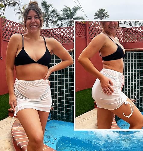 Ai'mage 2 Pieces Women Mesh Short Sarongs Cover Ups Beach Swimsuit Wrap Skirt Black + White S #TOP4