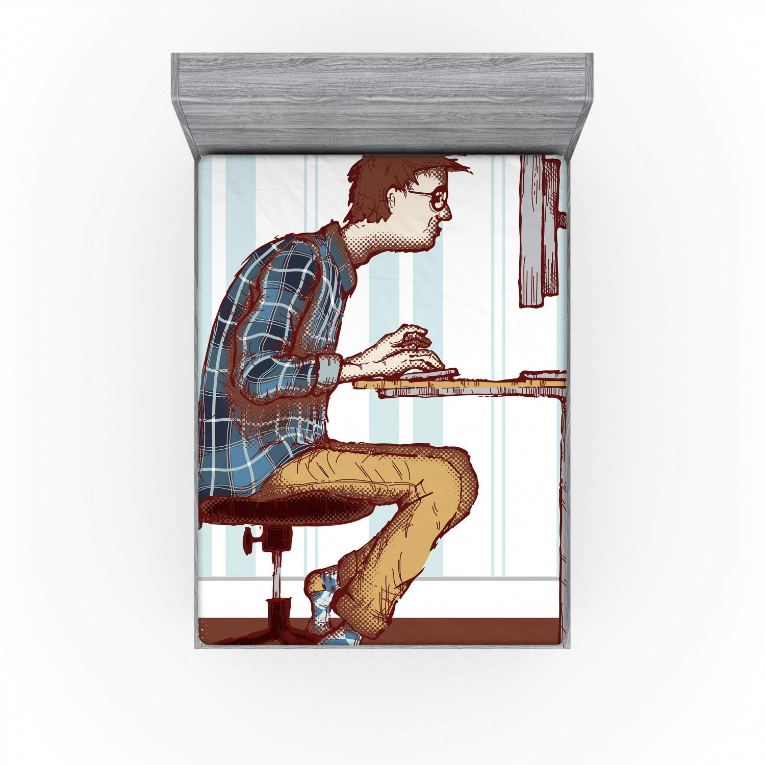Ambesonne Geek Fitted Sheet, Sketch of a Programmer Workaholic Guy Sitting in Front of Monitor and Keyboard Image, Bed Cover with All-Round Elastic Deep Pocket for Comfort, Full Size, Brown Pale Blue