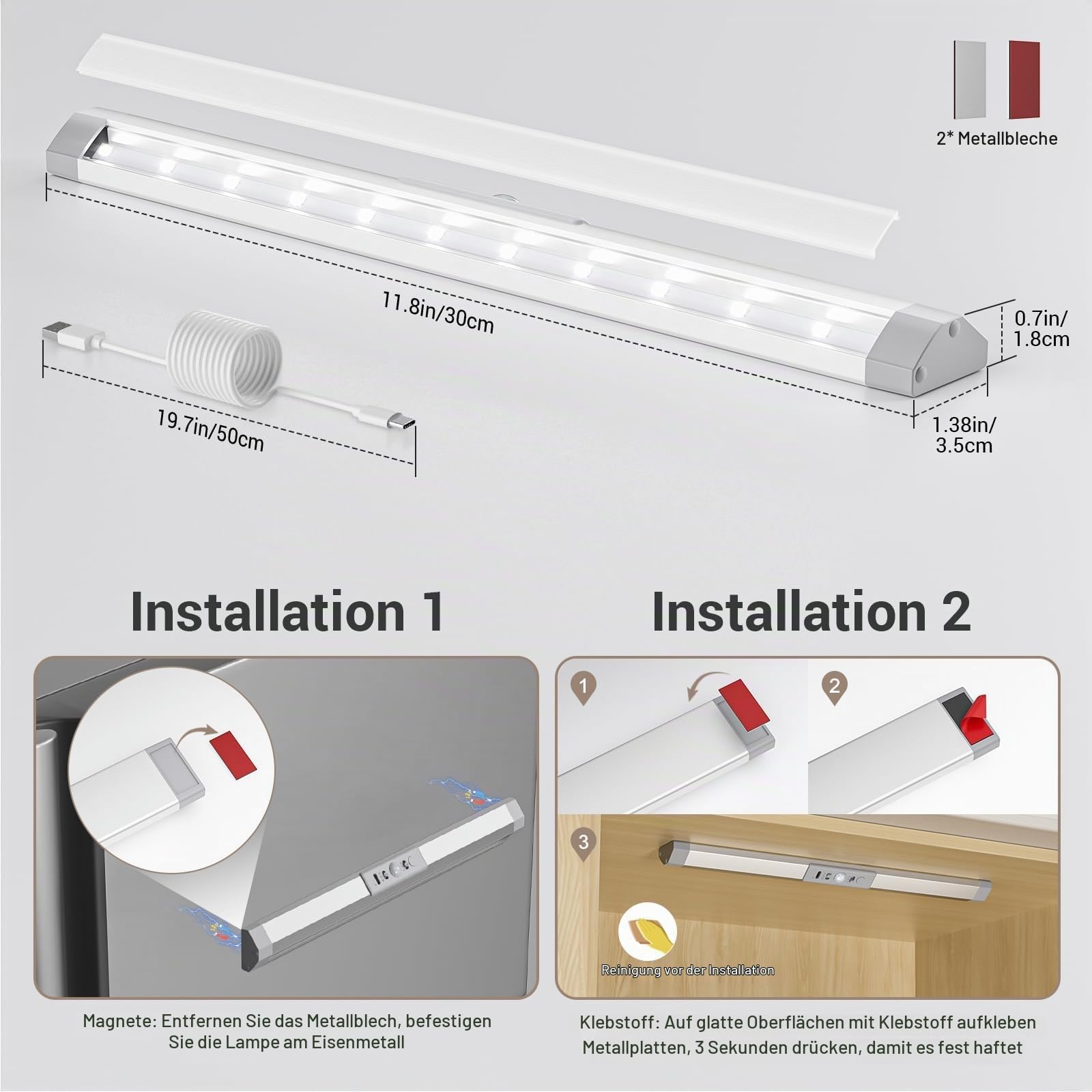 WOBANE Kleiderschrank Beleuchtung mit Bewegungsmelder, Wiederaufladbar, LED | 3 Lichtfarben Dimmbar, Auto Ein/Aus, Kabellos, Trapez Augenschutz, Aluminiumgehäuse, Magnetisch, Schrank/Bett/Wohnwagen, 3er