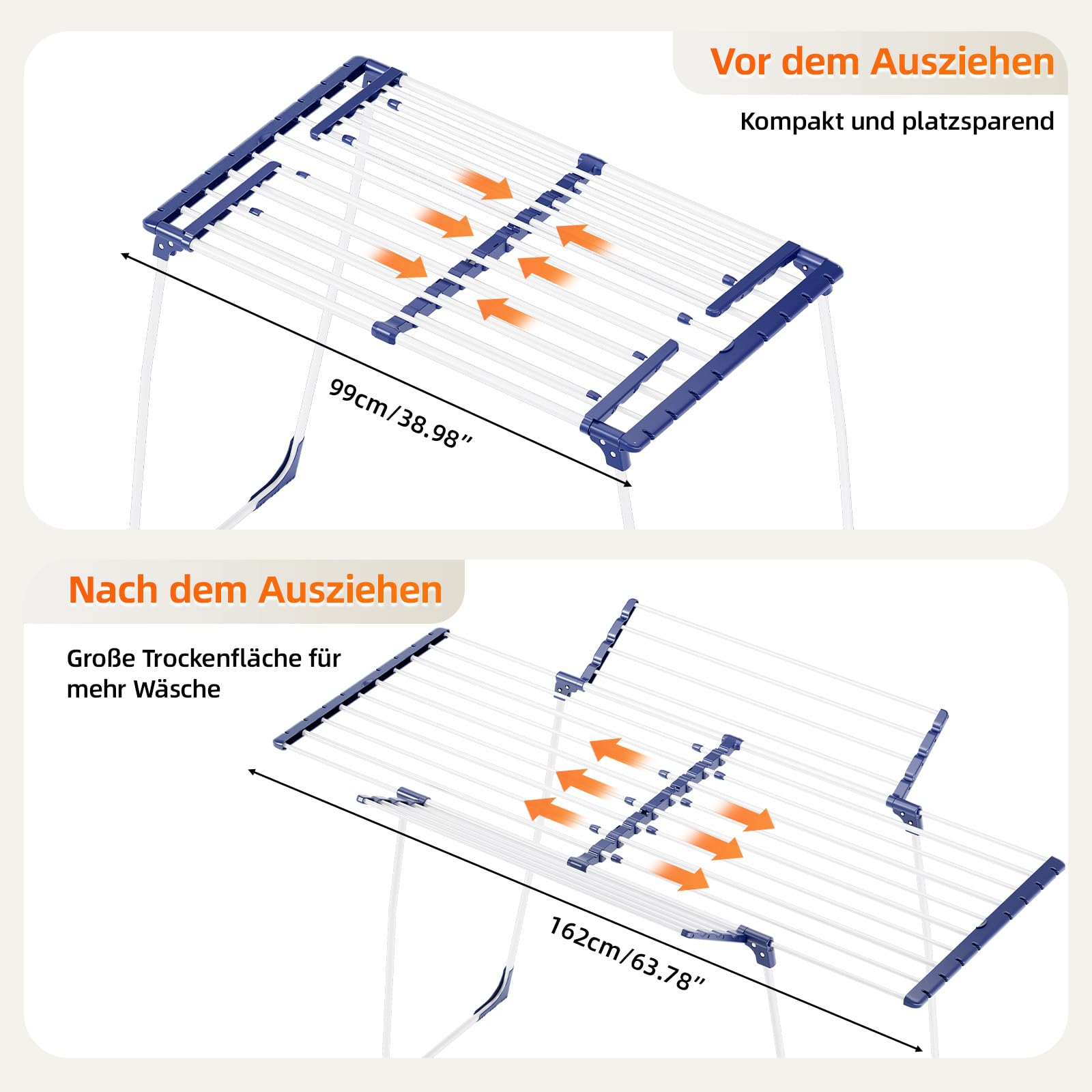 KINGBOARD Wäscheständer klappbar ausziehbar, Flügelwäscheständer 57 x 162 x 86 cm, Stabiler Standtrockner mit rutschfesten Füßen für Innen und Außen, Weiß