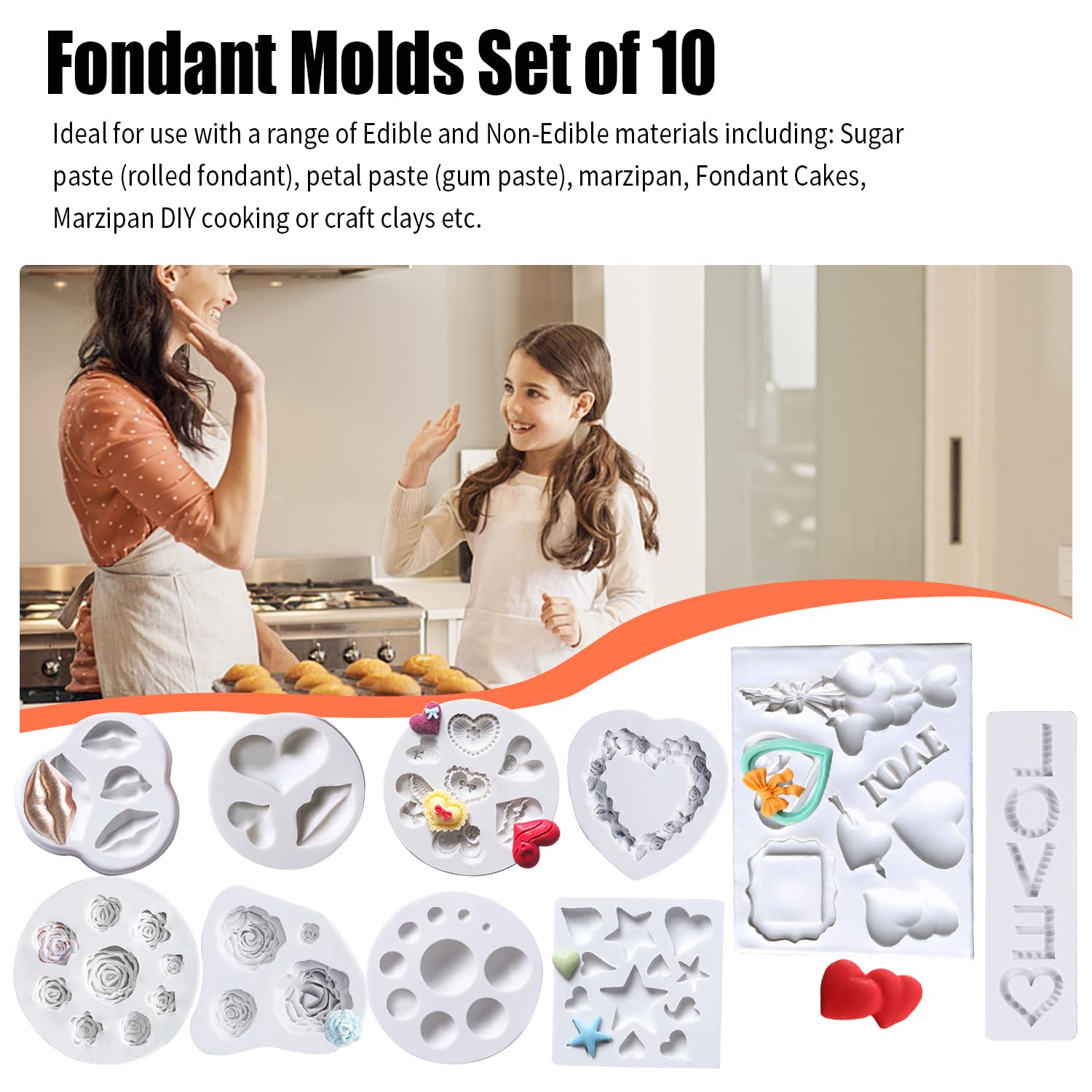 Juego de 10 moldes de silicona para fondant para el día de San Valentín, con forma de corazón, para labios, letras de amor, moldes de chocolate rosa para hornear, cupcakes, dulces, jabón