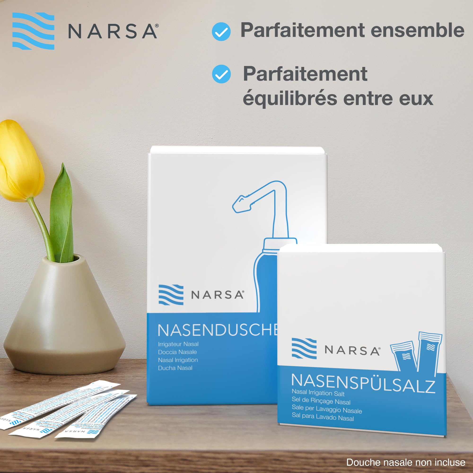 NARSA Douche nasale avec 30x Sel de rinçage nasal · Lavage nez pour Adultes et Enfants premium · pour Soulager la Congestion Nasal, les Allergies, les Infections, le Pollen & les Impuretés