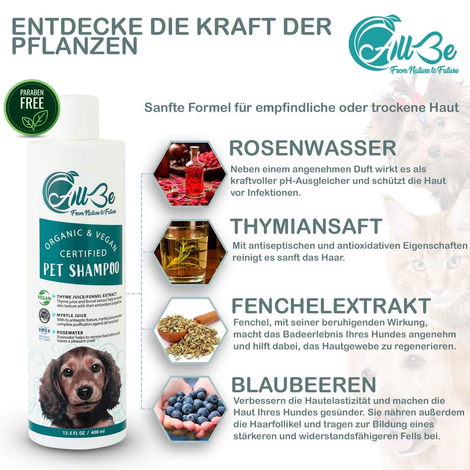 Hundeshampoo 400 ml - 3 Stück - Bio -100% Vegan-Tierwaschmittel-Katzenshampoo - Sicher für Normale, juckende, empfindliche und trockene Haut - desodorierende und feuchtigkeitsspendende (3 Pack)
