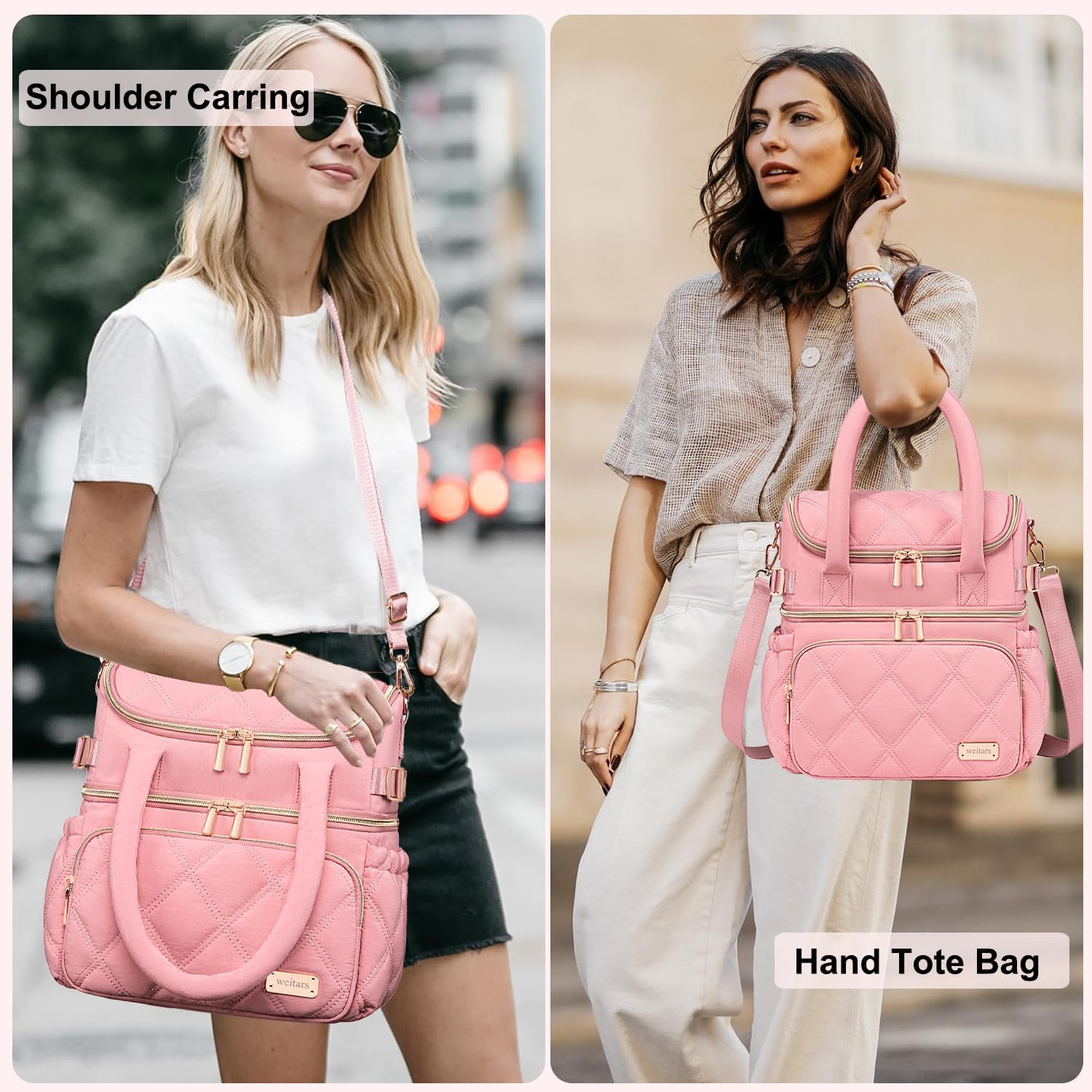 Weitars Lunch Bag for Women Men,Double Deck Lunch Box for Women,Quilted Lunch Tote for Work,Insulated Lunch Cooler Leakproof Lunchbox for Adult with Shoulder Strap &Pockets for Picnic Hiking (Pink) - Image 8