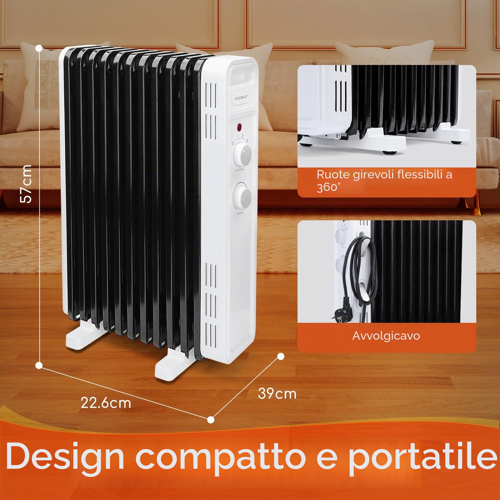 AIGOSTAR LUKE- radiatore ad olio elettrico, 11 Elementi, 2300 W. Termostato Regolabile, 3 Impostazioni di Calore, Risparmio Energetico, Protezione da Surriscaldamento e Antiribaltamento, 20mq
