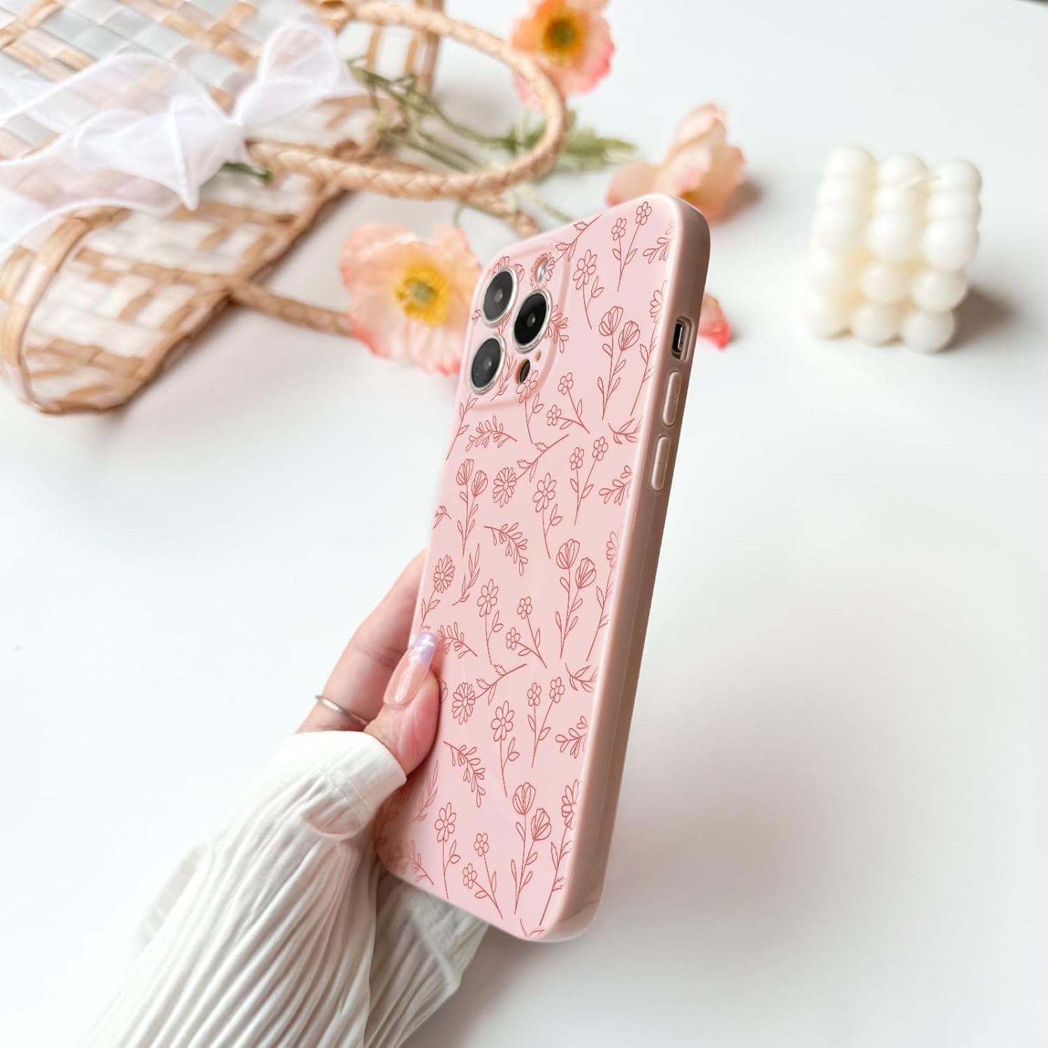 NITITOP Compatible with iPhone 13 Pro Max Case Cute for Women Girl Vintage Flower Floral Leaves Pattern Trendy Slim Fit TPU Silicone Shockproof Girly Fashion Protective Phone - Pink - Image 5