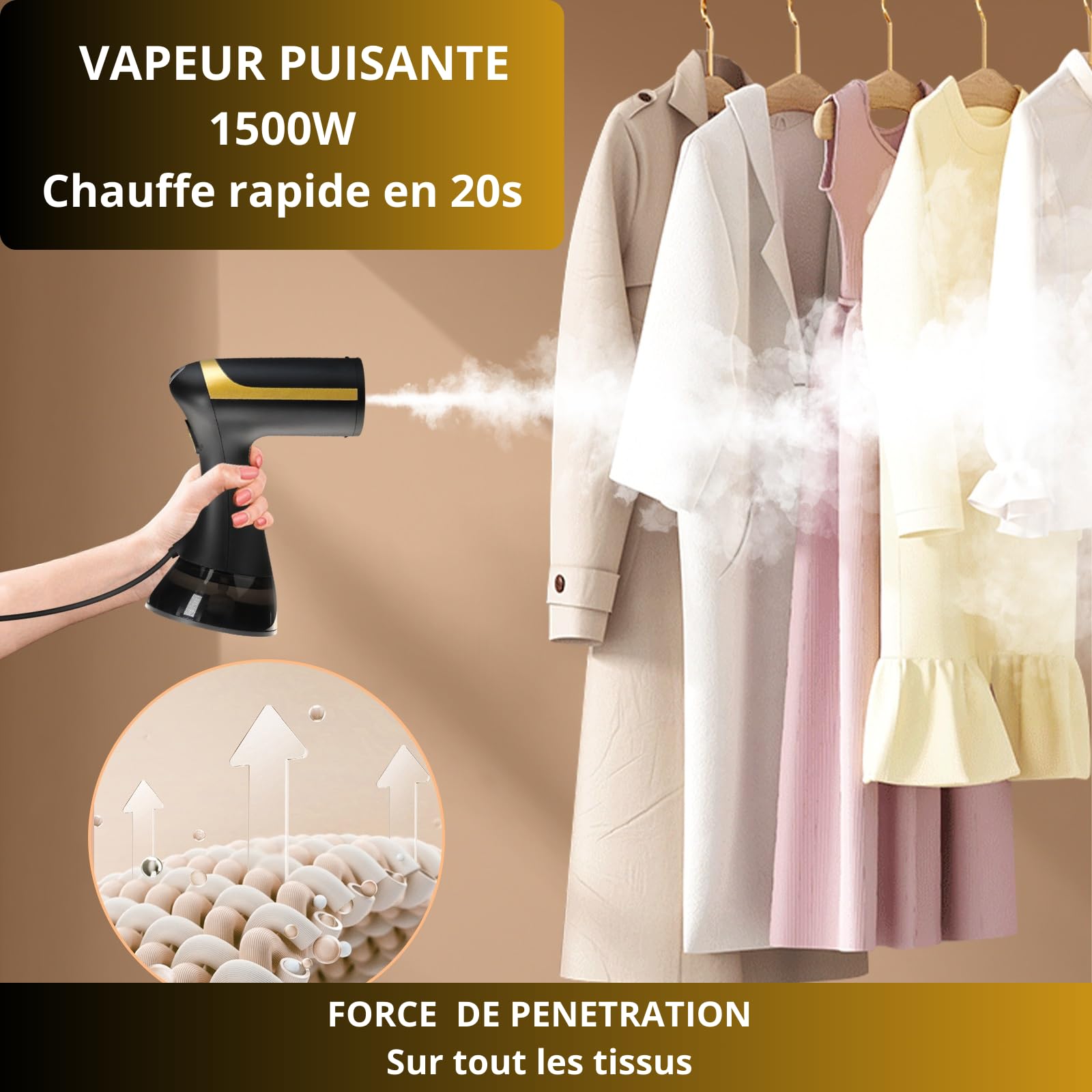 Défroisseur Vapeur Portable 1500W – Réservoir 300ml – Chauffe Rapide & Compact – Défroisseur à Main Puissant pour Vêtements, Chemises, Robes, Rideaux – Idéal Voyage et Maison – Noir & Doré