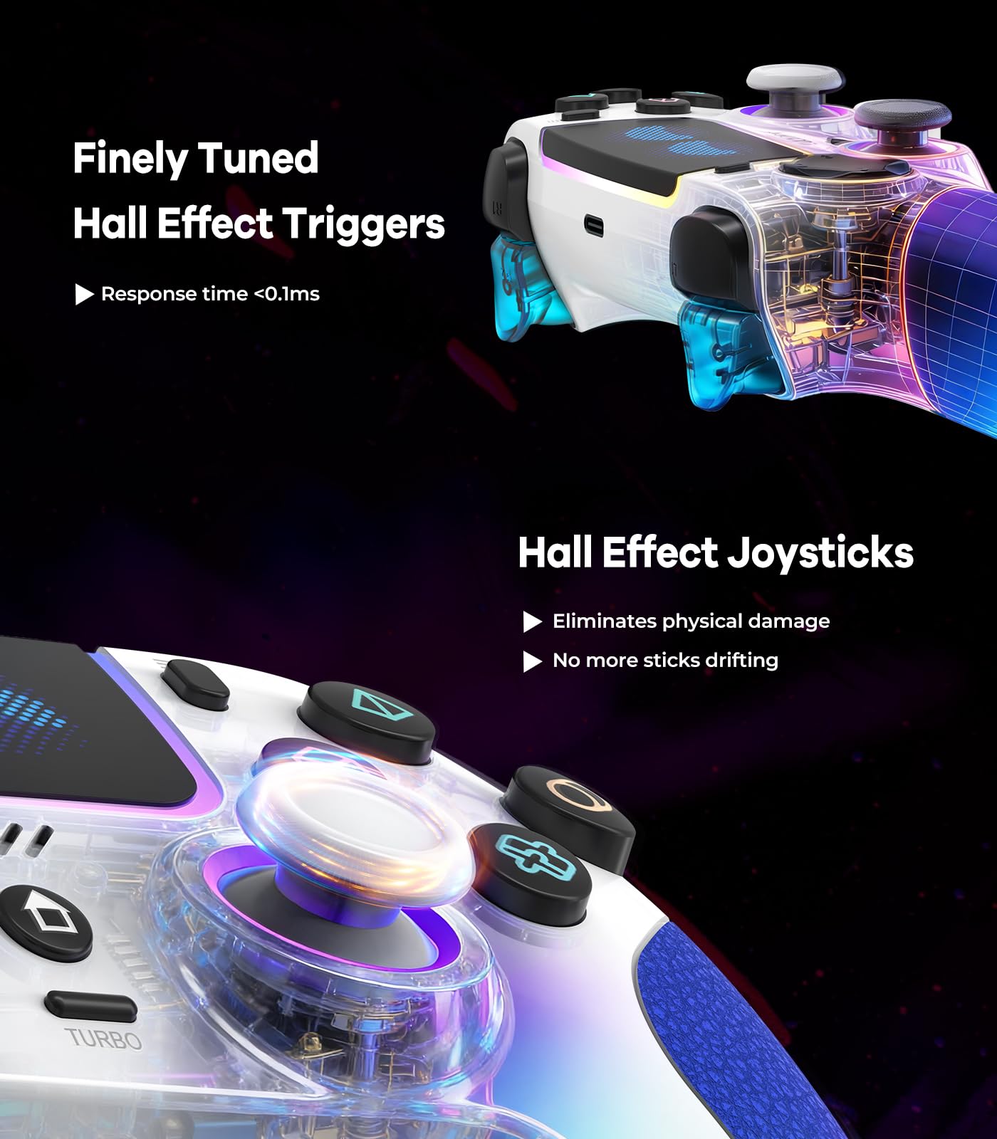 SFGSUP Controller Wireless per PS5/PC/Steam Deck, con Joystick&Grilletti Effetto Hall/8 Colori illuminazione RGB/Giroscopio 6 Assi/Turbo/Doppia Vibrazione/Impugnatura Antiscivolo/Batteria 1500 mAh