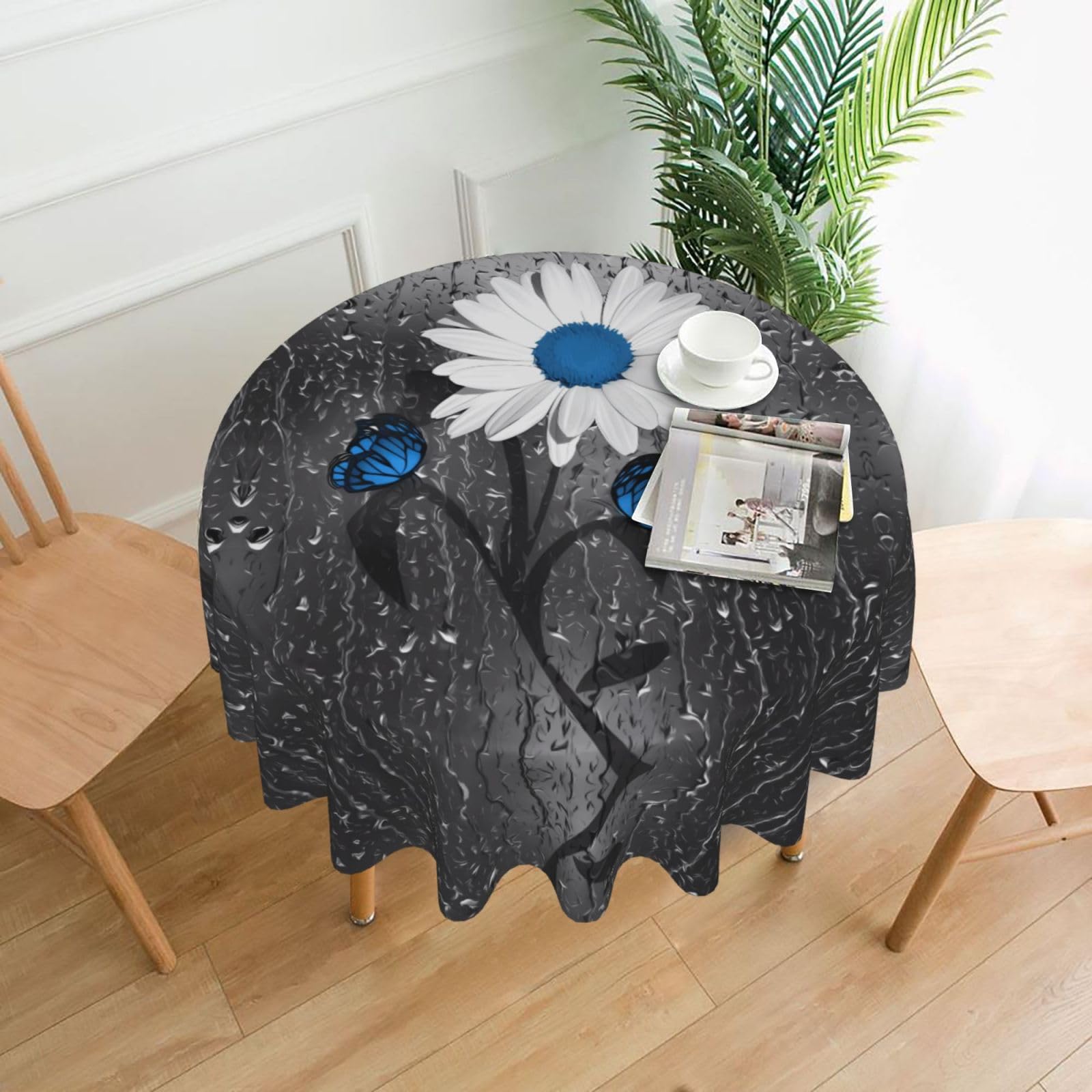 WHJSSF White Blue Daisy Prints Round Decorative Tablecloth 60in - Elevate Your Dining Experience with a Stylish & Protective Table Throw