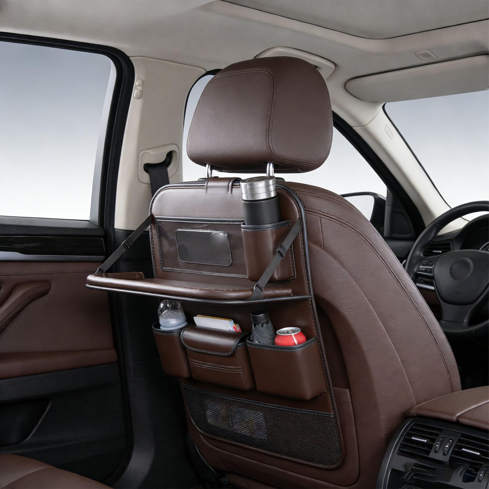 Organizador de asiento trasero de coche con bandeja de mesa plegable, soporte para tablet y alfombrillas para patadas, paquete de 2 accesorios de viaje de ajuste universal para la mayoría de los