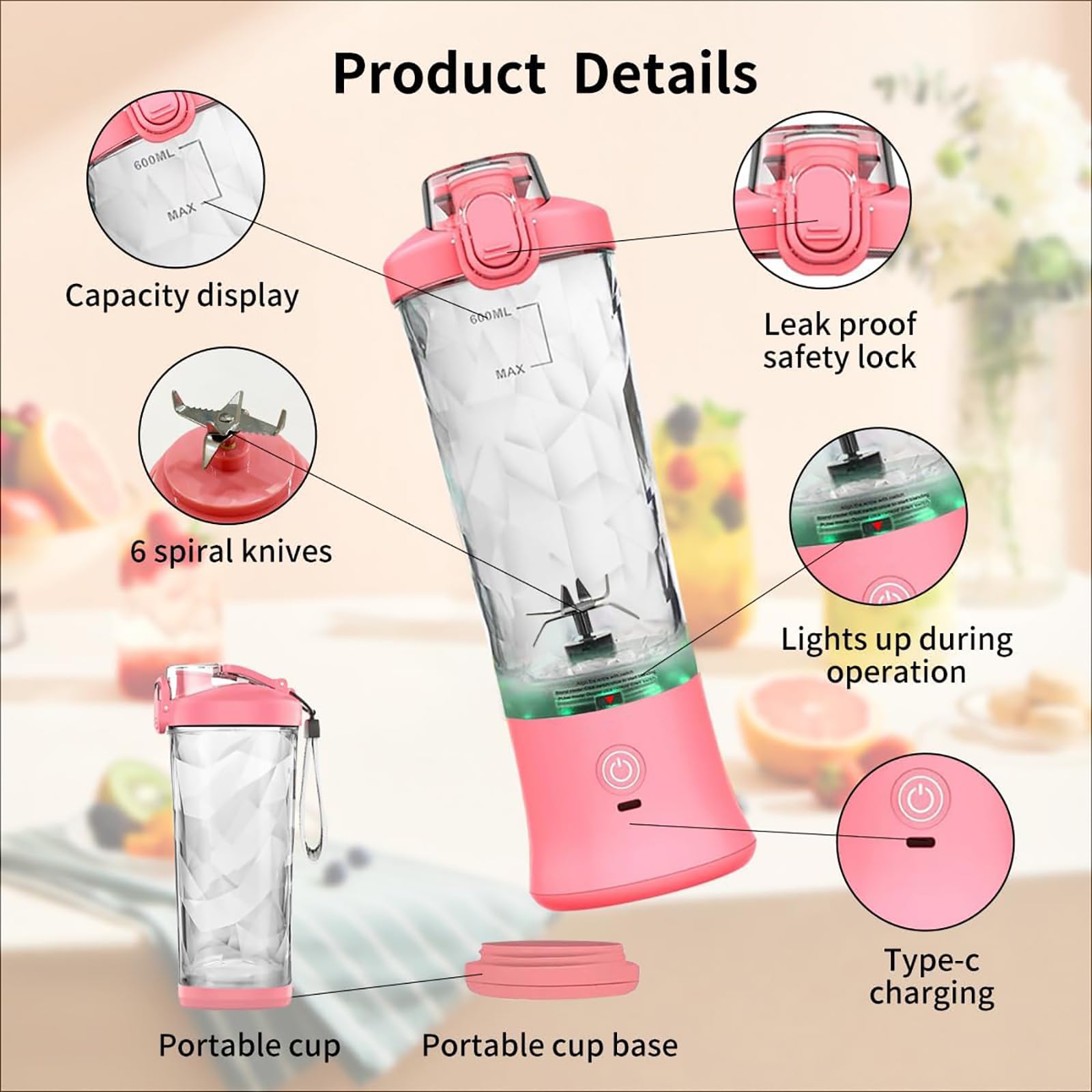Blender Portable PZCC 600ml 22000 TR/min - Mixeur Smoothie Puissant 6 Lames Pour Voyages Et Maison (Noir)
