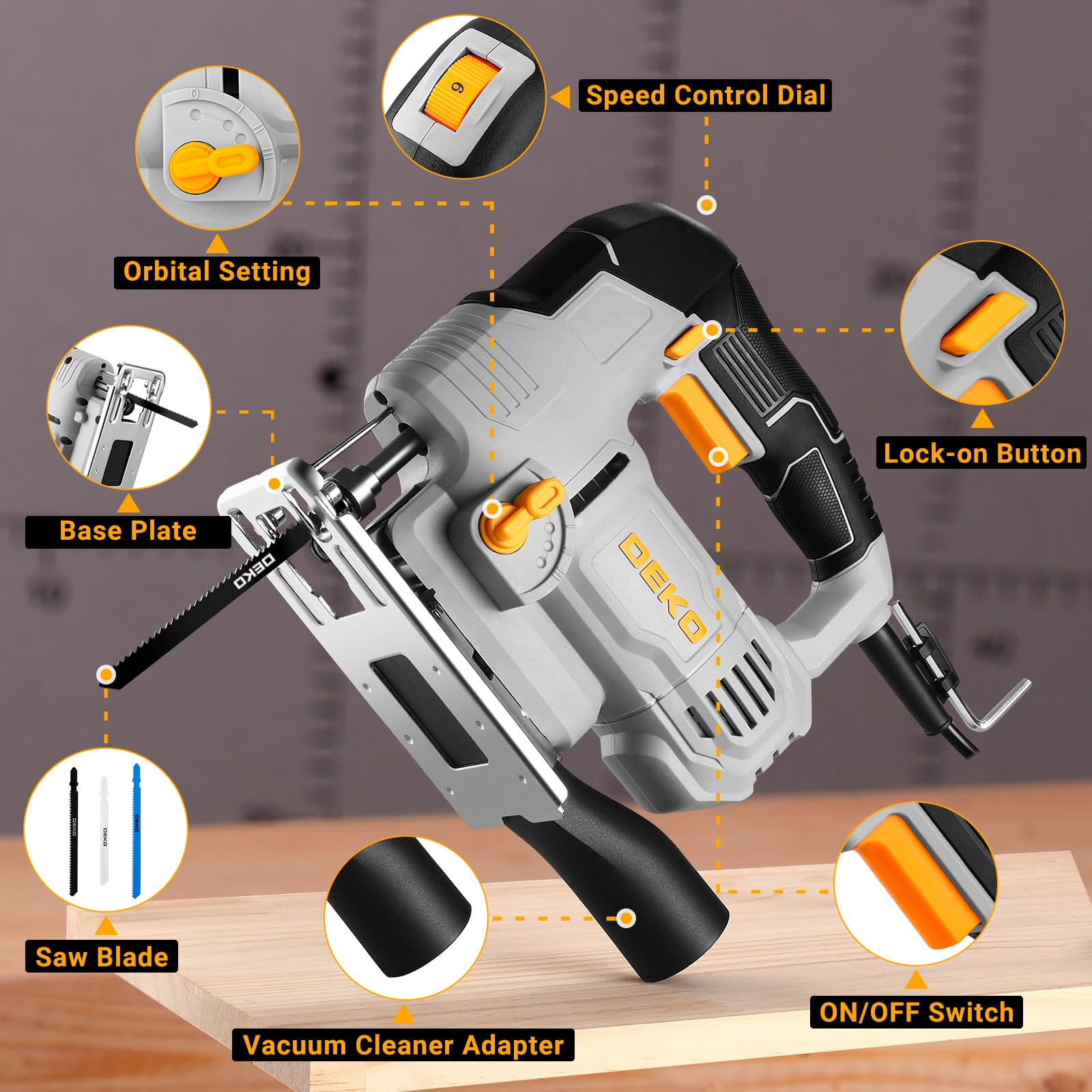 Seghetto Alternativo Elettrico: DEKOPRO 550W Seghetto per Legno con 6 Velocità Variabili da 800 a 3000 Tagli al Minuto, con Luce LED, Taglio Inclinato ±45° e 8 Lame per Legno, Metallo e Plastica