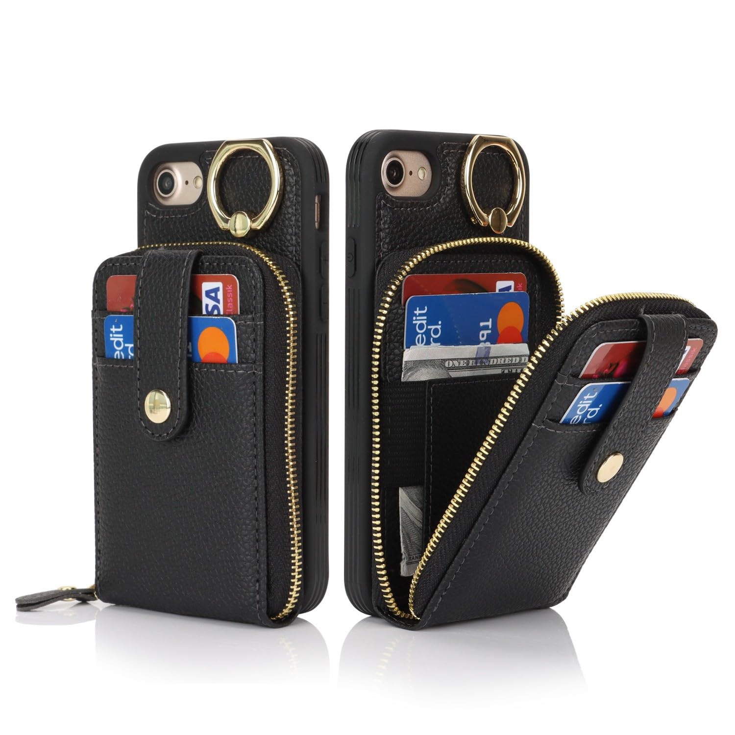 SailorTech Custodia per telefono per iPhone 7/8/SE2/SE3 Supporto ad anello con cerniera per carta di credito, iPhone SE 2020/SE 2022 Custodia in pelle Portafoglio con portacarte per donne-Nero