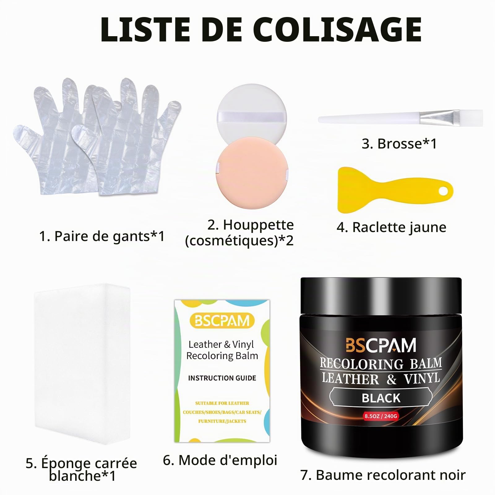 Kit Reparation Cuir Noir,Balsam pour Recoloriage Cuir,Peinture Cuir Liquide,Vinyle Teinture Cuir Réparation pour Canapés,Sièges Voiture,Chaussures,Selle,Blouson en Cuir Griffures/Taches
