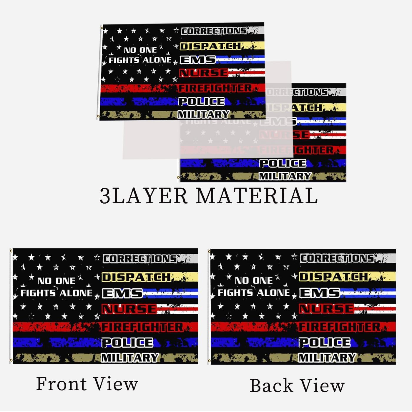 No One Fights Alone Flag Outdoor 3x5 Double Sided First Responder Flags Heavy Duty 3 Ply Polyester Material with 2 Metal Grommets, 4 Rows of Stitching