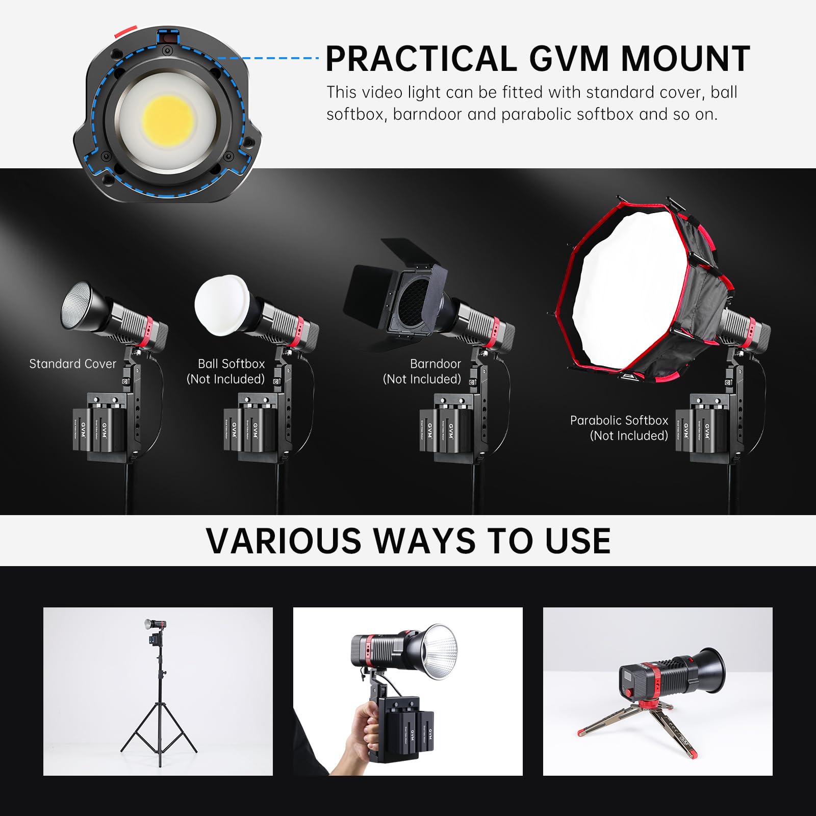 GVM PL60B - Lámpara de vídeo (60 W, para iluminación de estudio COB, iluminación de fotografía portátil para grabación, iluminación de vídeo LED portátil, proyector exterior para control por
