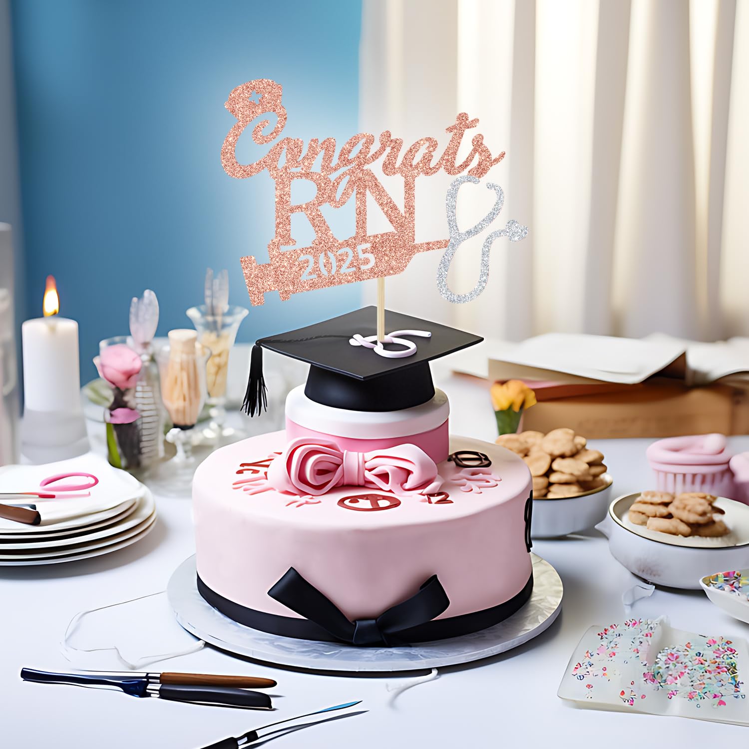 Glitzernde Kuchendekoration „2025“ – Rosa, Mit Spruch „Congrats Grade“ – Perfekt Für Abschlussfeiern Von School Bis Uni